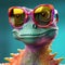 A close up of a lizard wearing sunglasses