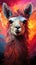 A close up of a llama on a colorful background