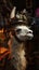 A close up of a llama wearing a hat, surreal illustration with steampunk and wild west elements.