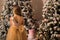 Close up. A lot of Christmas gifts under the festively decorated Christmas tree, a girl in an elegant gold dress is standing