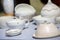 Close up on a lot of old porcelain bowls