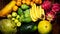 Close up of lots of exotic fresh ripe juicy fruits on wooden brown table background