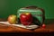 close-up of a lunchbox with a sandwich and apple on a school desk