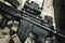 Close-up of a M4A1 weapons and military equipment for army, Assault rifle gun and pistol