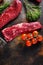 Close up machete Steak, Flank steak, cut near denver alternative beef steak a rustic metall background top view layflat