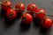 Close up, macro. Flat lay. A sprig of bright, juicy red cherry tomatoes. Black background