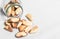 Close up macro photo of a brazil nut against white background.