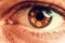 Close up, macro photo of human eye, iris, pupil, eye lashes, eye lids. Abstract corona virus theme.