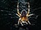 A close-up macro picture of a garden spider backlit on its web