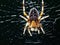 A close-up macro picture of a garden spider backlit on its web