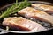 close-up macro shot of flaky marlin steak on a pan