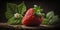 Close up macro shot of fresh organic strawberry over wooden table. Dark background