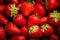 Close up macro texture strawberry berries. Fresh ripe strawberries background. Healthy and vegetarian food concept. Generative AI