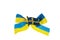 Close up macro view of metal badge in form of swedish flag on blue yellow bow