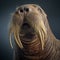 Close-up of a majestic walrus's face with magnificent whiskers and impressive tusks