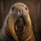 Close-up of a majestic walrus's face with magnificent whiskers and impressive tusks