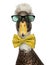 Close-up of a Male Crested Ducks wearing glasses and a bow tie
