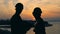 Close up of a male and a female workers` silhouettes against the sunset landscape