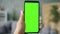 Close-up of male hand holding chroma key green screen smartphone in apartment