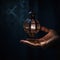 Close up of a male hand holding a Fanous Ramadan lantern, glowing Arabian folk traditional lamp at night. Ai generated.