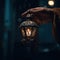 Close up of a male hand holding a Fanous Ramadan lantern, glowing Arabian folk traditional lamp at night. Ai generated.