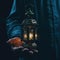 Close up of a male hand holding a Fanous Ramadan lantern, glowing Arabian folk traditional lamp at night. Ai generated.