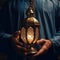 Close up of a male hand holding a Fanous Ramadan lantern, glowing Arabian folk traditional lamp at night. Ai generated.