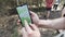 Close up of male hands checking navigation app on smartphone in the forest, travel concept. Clip. Group of hikers