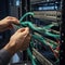 Close up of male hands connecting network cables in data center. IT Engineer hands close up shot installing fiber cable, Ai