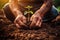 Close-up of male hands planting seedlings in fertile soil, Farmer hands planting seeds in soil, emphasizing gardening and