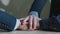 Close up males arms. Three men colleagues make gesture of partnership, support, cooperation teamwork. Group of