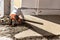 Close up of man builder placing screed rail on the floor covered with sand-cement mix at construction site. Male worker leveling