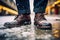 Close-up man feet in classic brown leather shoes standing on a snowy urban street, winter weather