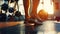 Close-up of man feet on a treadmill running at the gym