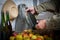 Close up of man hands with a bottle of cider and apples