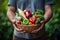 Close-up man holding basket of fresh organic vegetables. Generative AI
