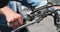 Close-up of man holding motorcycle accelerator
