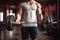 Close-up of a man lifting a barbell in a gym, Weightlifter man practicing with barbells at the gym, top section cropped, no face