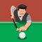 Close up man with mustache shooting pool ball, illustration of billiard game in cartoon flat illustration editable vector
