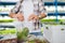 Close up of man packing greens into plastic bag