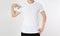 Close up man pointed on empty blank white tshirt mockup