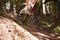 Close Up Of Man Riding Mountain Bike Through Woods