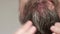 Close up of man`s bearded face. Man applies gel on his beard.