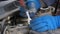 A close-up of a man\'s hands in blue ratchet key gloves turning the screws in the car engine. The car mechanic is