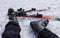 Close-up of man skier feet and legs. Winter skiing