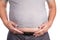 Close-up of man on t-shirt with protruded big belly