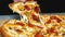 Close-up of man takes delicious slice of pizza with cheese. Frame. Man takes piece of Italian pizza and pulls appetizing