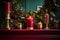 A close-up of the mantelpiece, featuring an array of Christmas decorations, such as candles, figurines, and a stunning wreath.