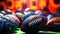 A close up of many colorful footballs, AI