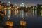 Close up of many lantern with Los Angeles city skyline in Lotus Festival Echo Park